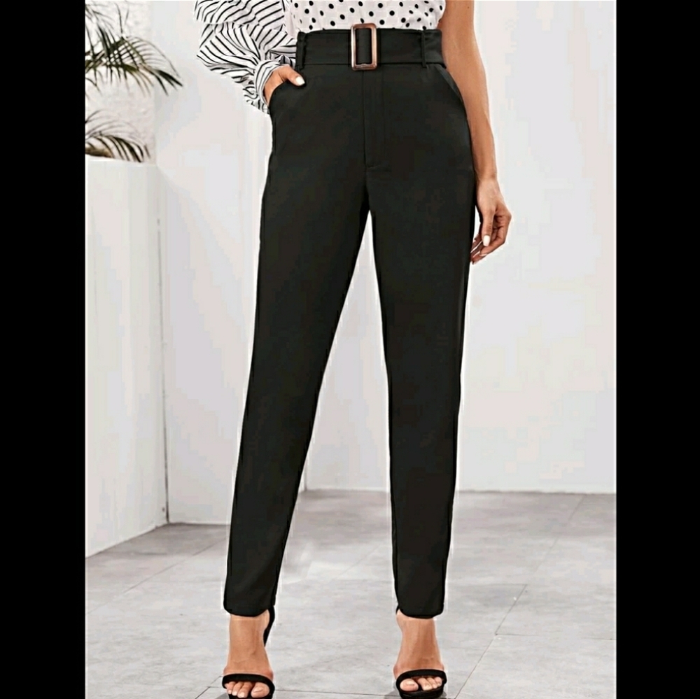 Shein Black Slant Pocket Belted Pants
